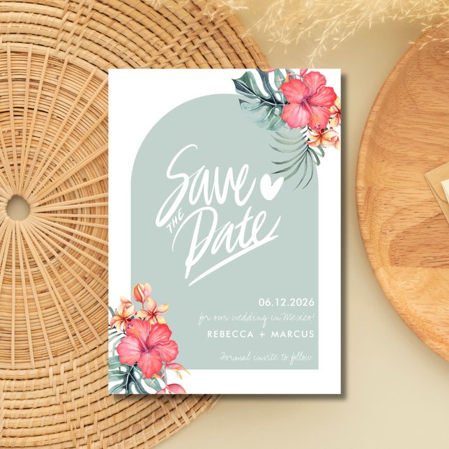 Tropiskt Hibiscus Beach Wedding Photo Spara Datumet (Tropical Hibiscus Beach Wedding Photo Save The Date)