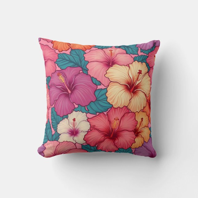 Tropiskt hibiscus-blommönster kudde (Framsida)