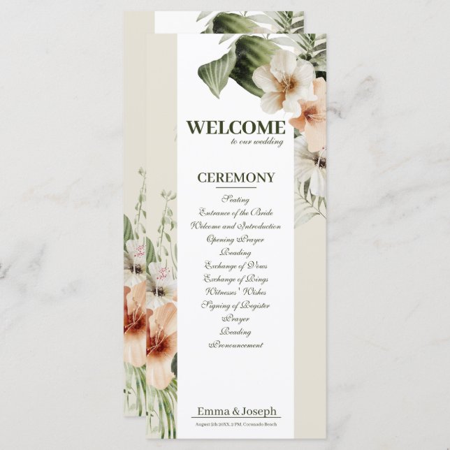 Tropiskt hibiscus boho pastel-Bröllopsprogram Program (Fram/baksida)
