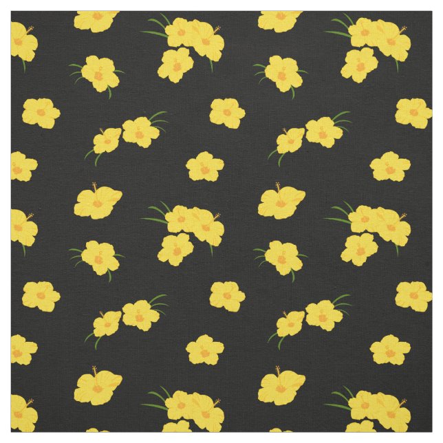 Tropiskt Hibiscus Flower Gult Black Patterned Tyg (Provkarta)