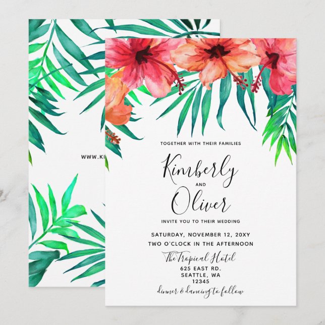 Tropiskt Hibiscus Hawaiian Beach Wedding Inbjudningar (Fram/baksida)