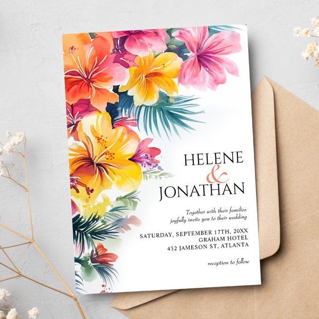 Tropiskt Hibiscus Ocean Beach Destinations Wedding Inbjudningar (Tropical Hibiscus Ocean Beach Destination Wedding Invitation)