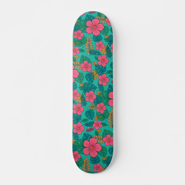 Tropiskt Hibiscus och Palmbladsmönster Mini Skateboard Bräda 18,5 Cm (Framsida)