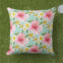 Tropiskt Hibiscus Plumeria Mönster Aqua Kudde