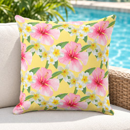 Tropiskt Hibiscus Plumeria Mönster Gult Kudde