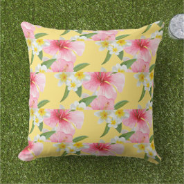 Tropiskt Hibiscus Plumeria Mönster Gult Kudde