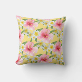 Tropiskt Hibiscus Plumeria Mönster Gult Kudde