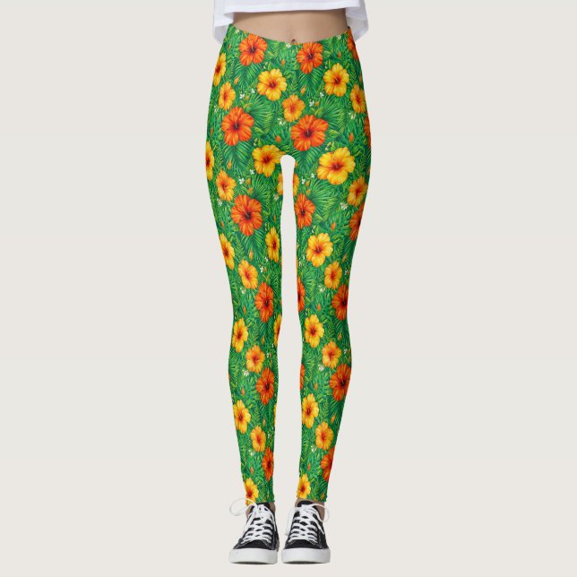 Tropiskt Hibiskus Djungelmönster Leggings (Framsida)