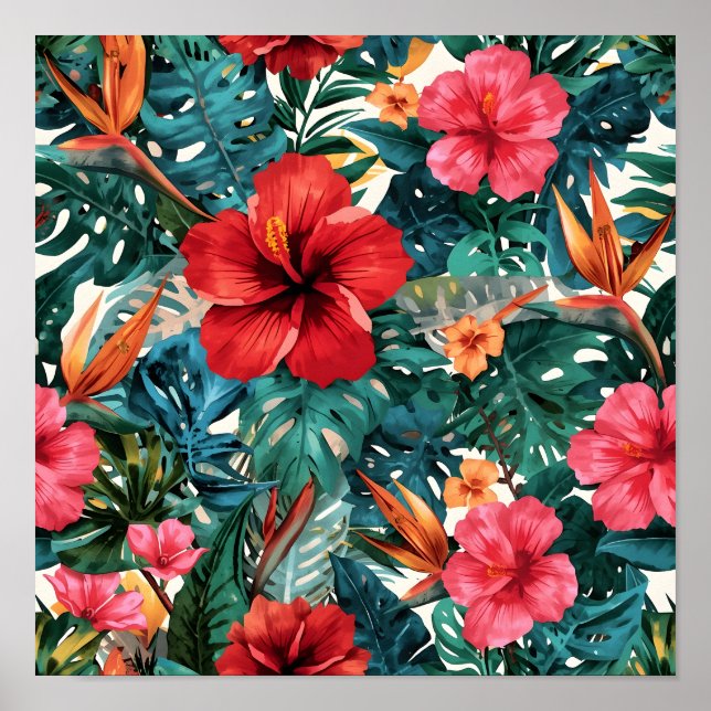 Tropiskt Hibiskus & Monstera Blad Mönstertryck  Poster (Framsidan)