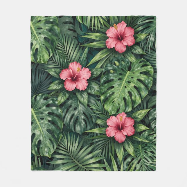 Tropiskt Hibiskus Monstera Djungelmönster Fleecefilt (Framsidan)