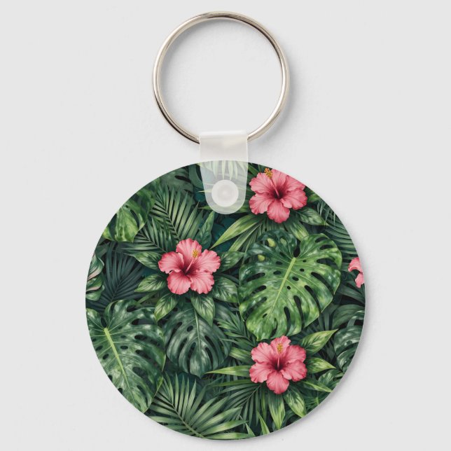 Tropiskt Hibiskus Monstera Djungelmönster Nyckelring (Framsida)