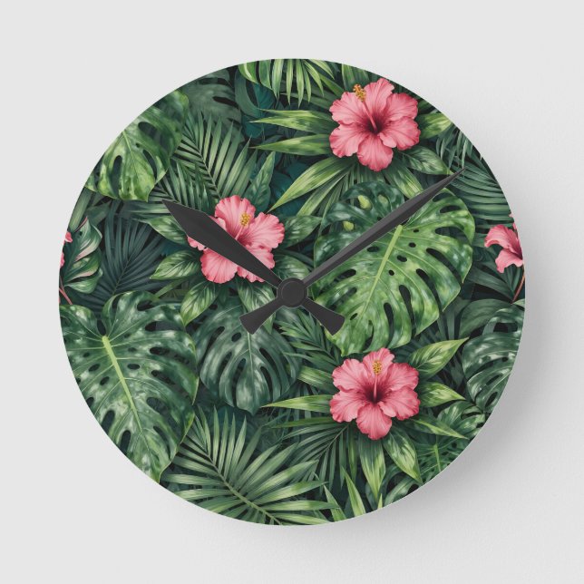 Tropiskt Hibiskus Monstera Djungelmönster Rund Klocka (Framsida)