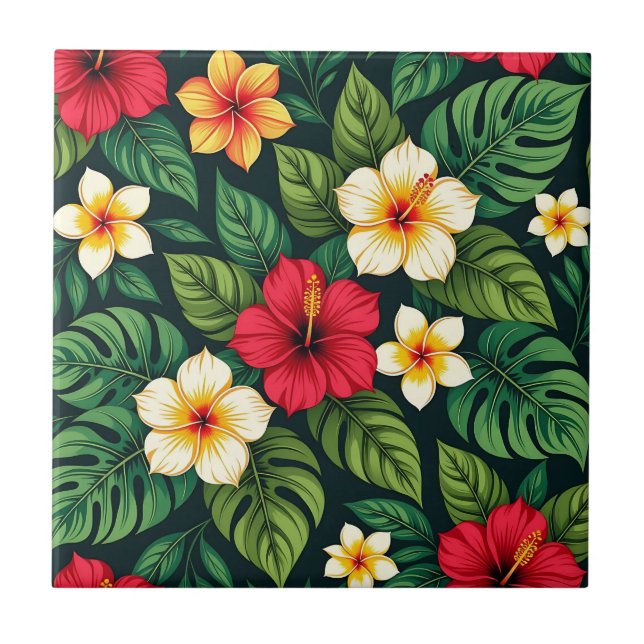 Tropiskt Hibiskus Monstera Mönster Kakelplatta (Framsidan)