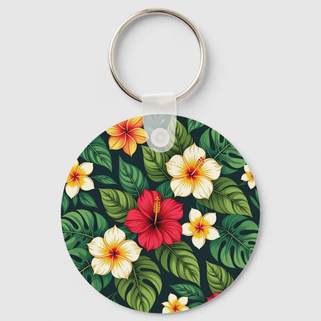 Tropiskt Hibiskus Monstera-mönster Nyckelring (Framsida)