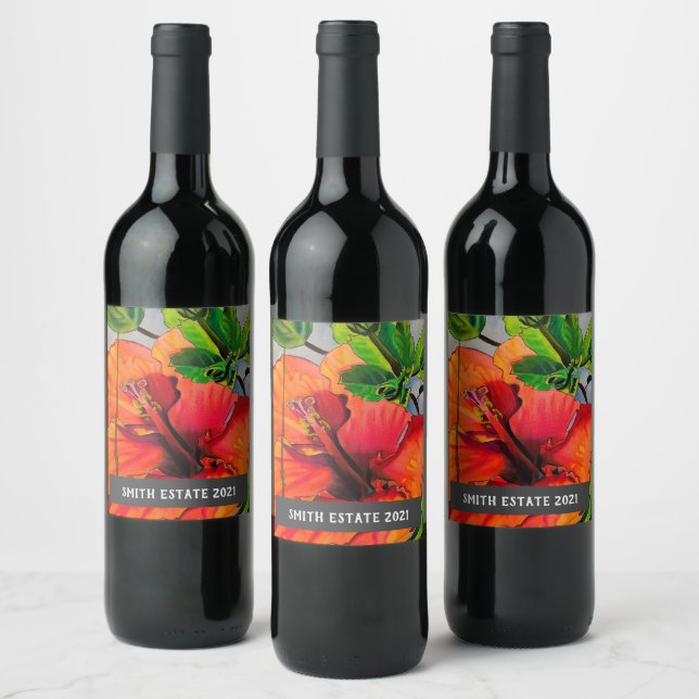 Tropiskt hibiskusblomma vattenfärg konst vin etike vinflaska etikett (Flaskor)