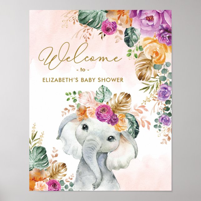 Tropiskt höstblommigt elefant-babygrej-Välkommen Poster (Framsidan)