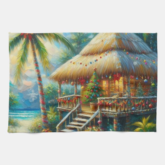 Tropiskt Hut-jul Handflatan Träd Beach Ljus Kökshandduk (Horisontell)