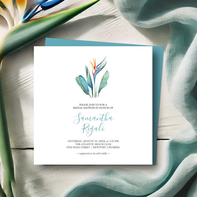 Tropiskt Inbjudningskort för möhippa (Tropical bridal shower invitations watercolor flower by Victoria Grigaliunas Do Tell A Belle)