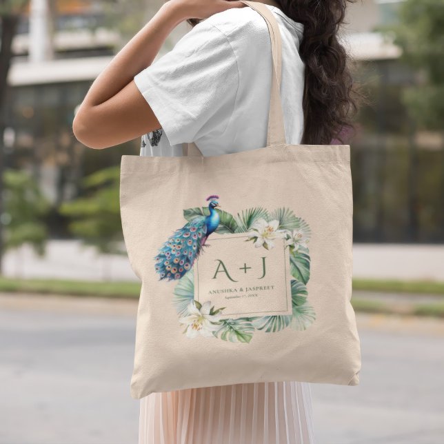 Tropiskt indiskt påfågelblommigt bröllopsmonogram tygkasse (Skapare uppladdad)