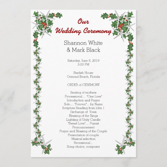 Tropiskt julbröllopsprogram sjöstjärna järnek program (Framsida)