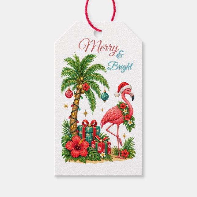 Tropiskt julkort med flamingo presentetikett (Framsidan)