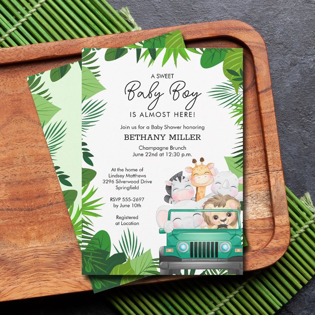 Tropiskt jungle Animal Safari Boy Shower Inbjudningar (Jungle safari baby shower invitations)