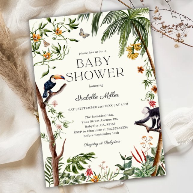 Tropiskt jungle Animals Boy Shower Inbjudningar (Tropical Jungle Animals Boy Baby Shower Invitation - Front)