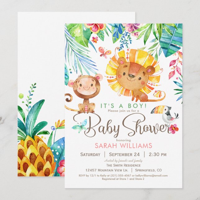 Tropiskt jungle Baby Shower, Boy eller Girl Inbjudningar (Fram/baksida)