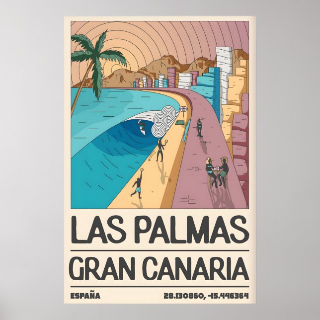 Tropiskt kustkonsttryck, Palm Tree Bay, Retro Poster (Framsidan)