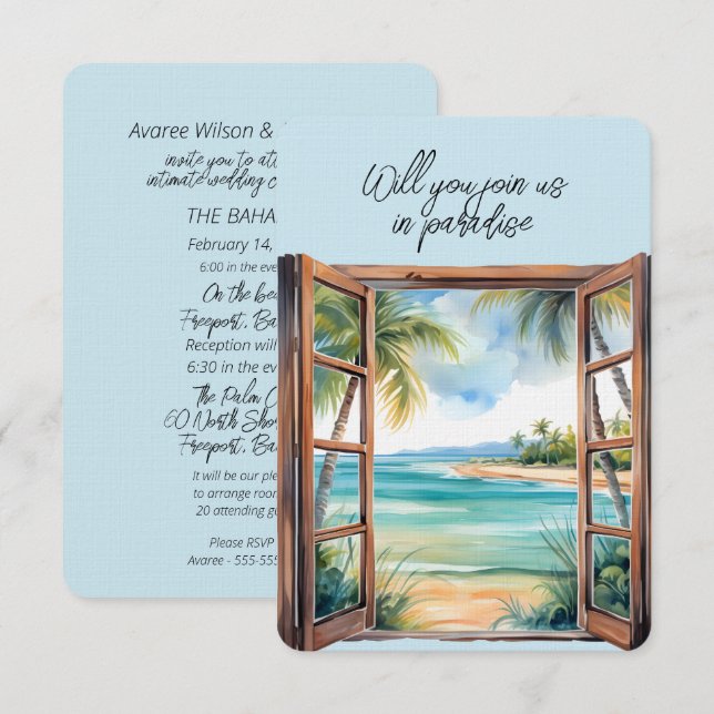 Tropiskt läge för öppen fönsterruta för bågscen inbjudningar (Fram/baksida)