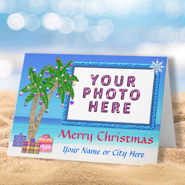 Tropiskt "Lägg till ett PHOTO-julkort" Helgkort (Beach themed Christmas Cards, with Your Photo. Beach Christmas Cards. Palm Trees, Presents. )
