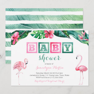 Tropiskt lamingo Baby Shower Inbjudan, bladverk Inbjudningar