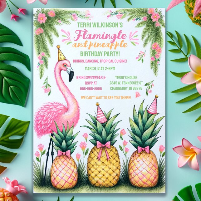 Tropiskt lamingo och ananas Födelsedagsfest Inbjudningar (Skapare uppladdad)