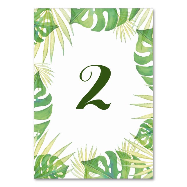Tropiskt lämna vattenfärgen bröllop bordsnummer (Baksidan)