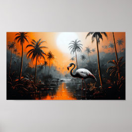 Tropiskt Landskap Med Flamingo Under Livlig Himmel Poster