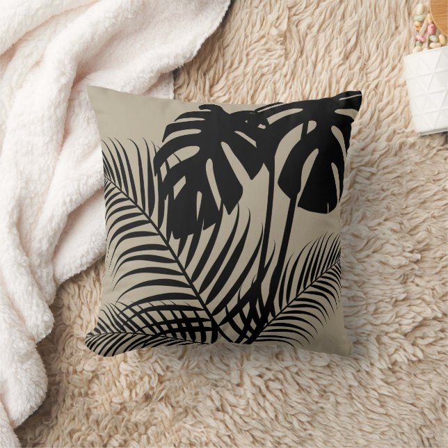 Tropiskt Löv 1 svart på Tan Kudde (Filt)