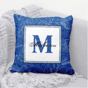 Tropiskt Löv Blue Patterned Monogram Line Art Kudde