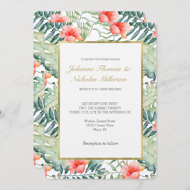 Tropiskt Löv Hibiscus Blommigt Watercolor Bröllop Inbjudningar (Fram/baksida)