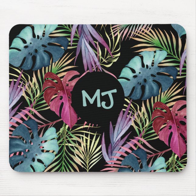 Tropiskt Löv Jungle Mönster med Monogram Musmatta (Framsidan)