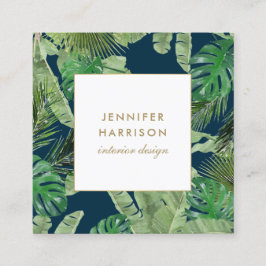 Tropiskt Löv Mönster på Mörk blått Fyrkantigt Visitkort
