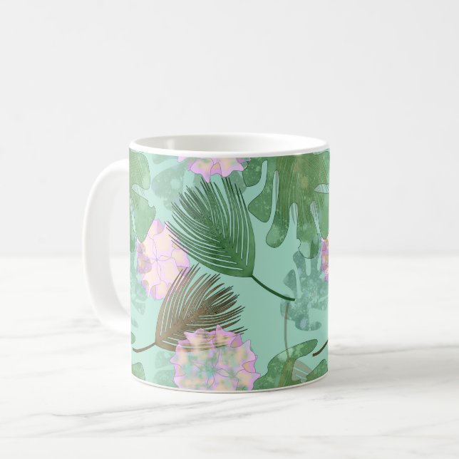 Tropiskt löv och blommor på turkos. kaffemugg (Framsida vänster)