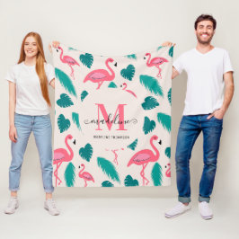 Tropiskt Löv Shock rosa Flamingo Modern Monogram Fleecefilt
