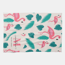 Tropiskt Löv Shock rosa Flamingo Modern Monogram Kökshandduk