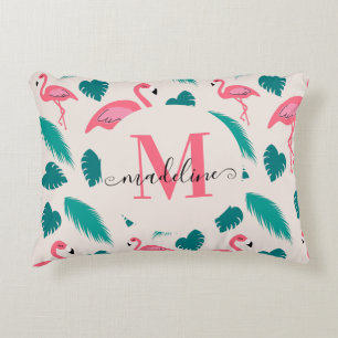 Tropiskt Löv Shock rosa Flamingo Modern Monogram Prydnadskudde