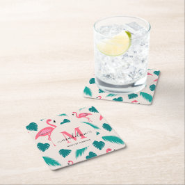 Tropiskt Löv Shock rosa Flamingo Modern Monogram Underlägg Papper Kvadrat