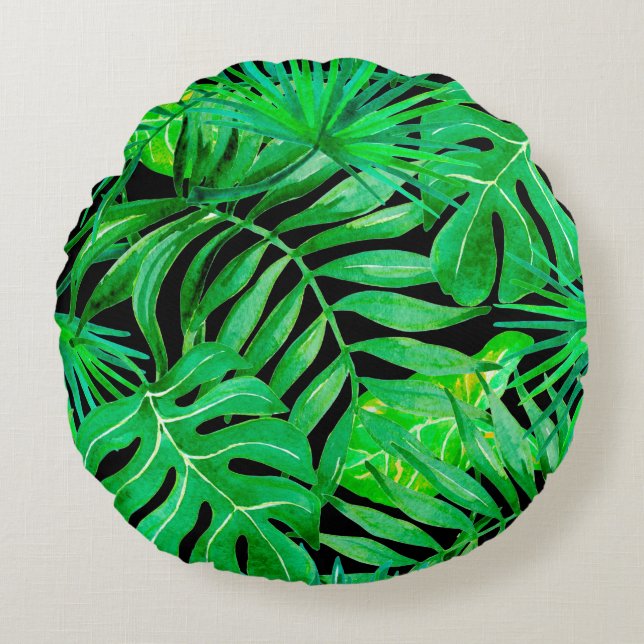 Tropiskt löv sömlöst mönster rund kudde (Framsidan)