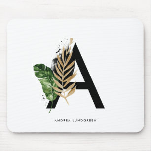 Tropiskt lövFauxguld omkullkastar brev en Monogram Musmatta