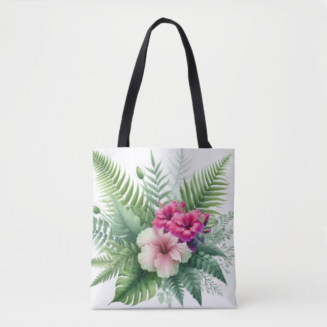 Tropiskt lövverk och hibiskusblommor tygkasse (Framsida)