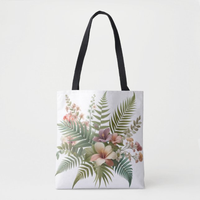 Tropiskt lövverk och hibiskusblommor tygkasse (Framsida)