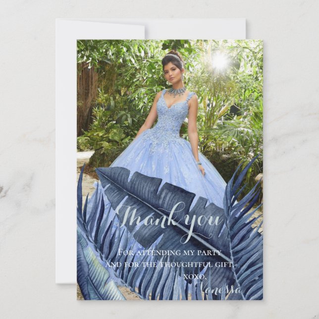 Tropiskt lövverkfoto för blått tack kort (Framsida)